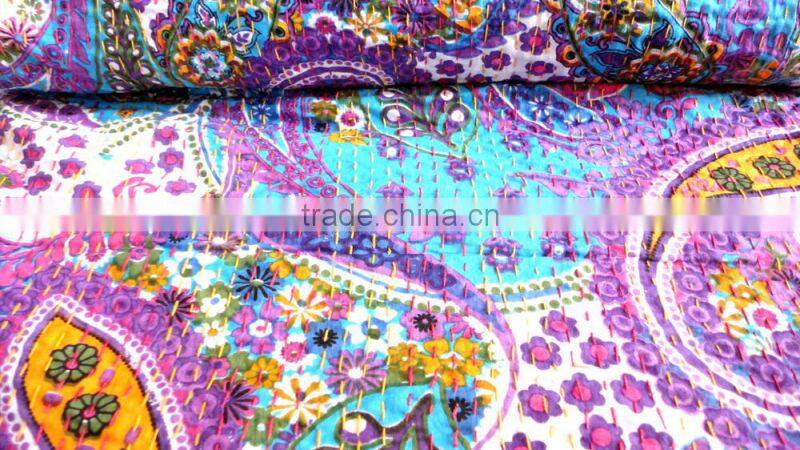 RTHKG-6 Traditional Handmade Purple Paisley Cotton Fabric Patchwork Gudri Throw Kantha Vintage Bedspread Wholesaler Jaipur