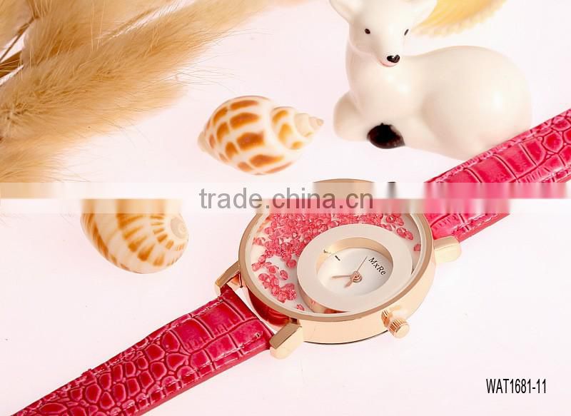 Elegant Women Quicksand Faux Leather Band Bracelet Round Dial Analog Wrist Watch