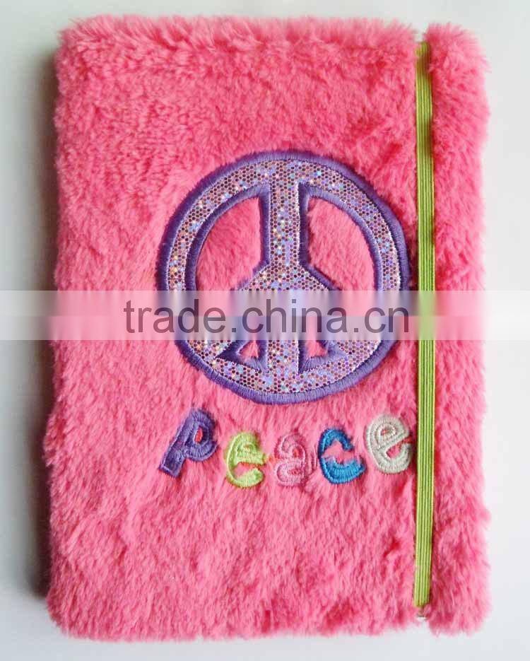 Blue Plush Cover Peace Embroidered Notebook with Elastic Bands Enclosure