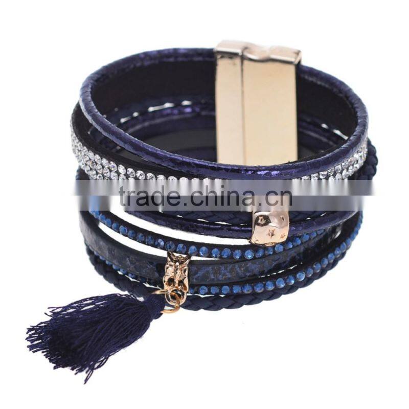 New Tassel Crystal Leather Bangle Fashion Rhinestone Wrap Leather Bracelet Multilayer bangles