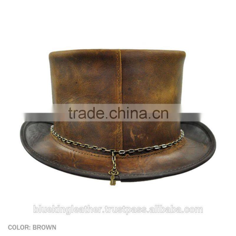 2 TONES PULL-UP CRAZY HORSE COWHIDE LEATHER "STEAMPUNK" TOP HAT