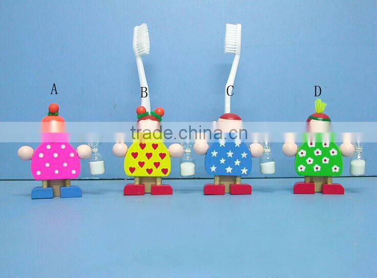 wooden cartoon kids mini toothbrush holder with 2 minutes hourglass