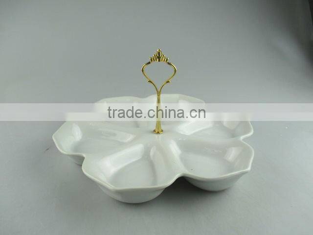 Flower shape ceramic stand with metal handle for candy/food/cake/daily use