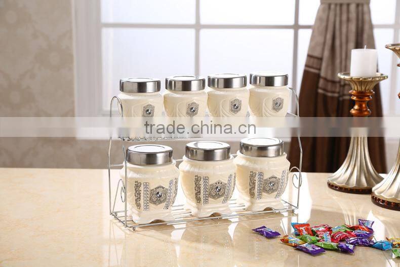 Middle east style ceramic canister set with stainless metal stand