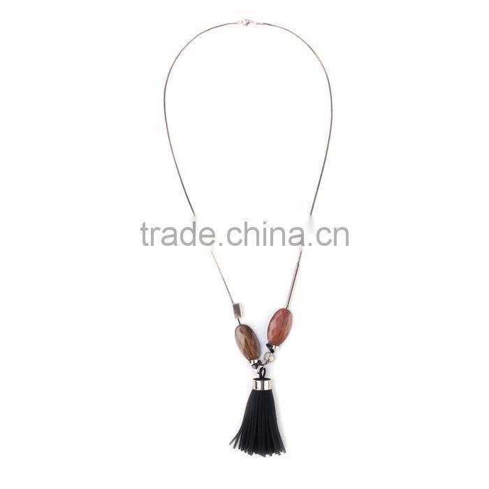wood bead chain necklace tassel necklace geometric metal beads rings on chain necklace