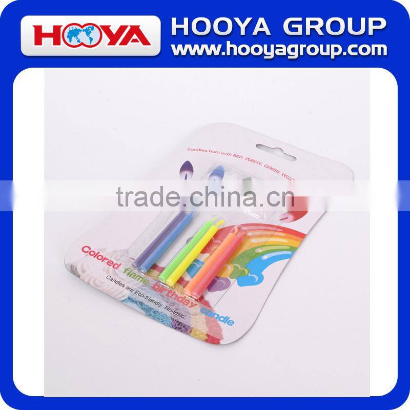 Colored flame birthday candle with red purple green yellow blue flames