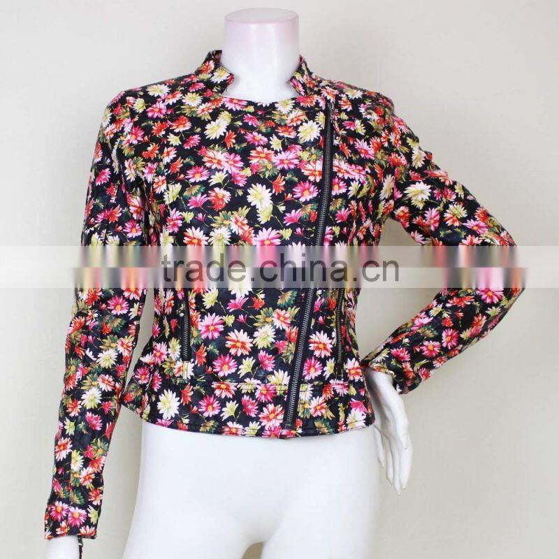 Europe Ameicia Fashion Black Flower Pringting Long Sleeve Pu Leather Waterproof Jackets for Women