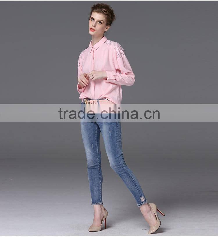 Beautiful Cutwork blouse 2015 trendy pink women chiffon blouse