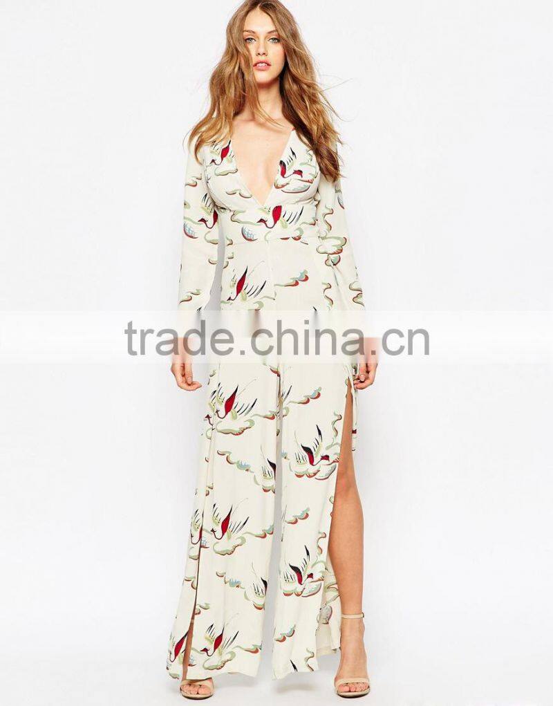 2015 China factory OEM ODM fashionable customized Painterly Bird Print Jumpsuit with Thigh splits