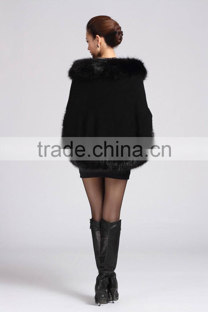 2015 winter fashion knitting with faux fox fur shawl woman cape