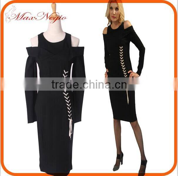 Women 2 color party dress with tie long sleeve prom dress