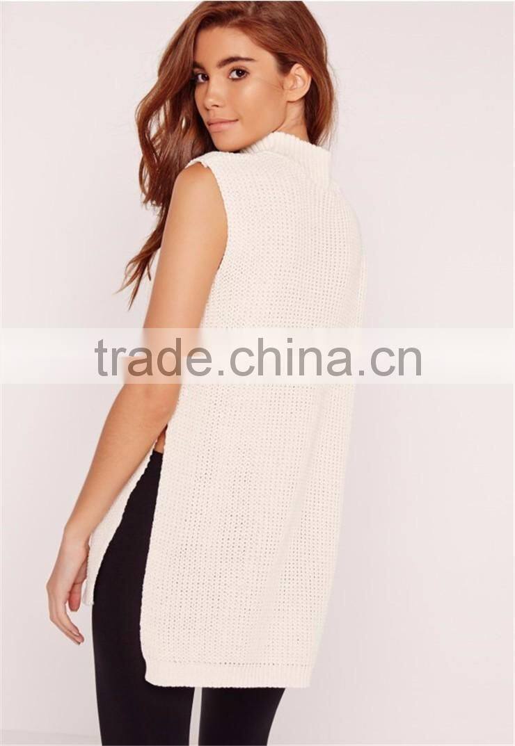 Plain White Women Knitwear With Split Hem Cut Out Front Ladies Sweater Choker Neck Chunky Tunic Cream