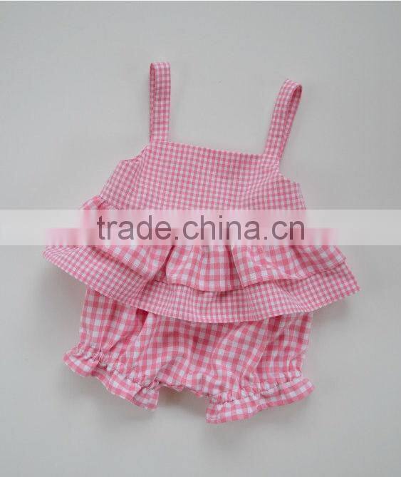 Latest Design 2 Pieces Baby Clothing Outfit Children Ruffle Lace Dress Plain Blue Bloomer Set Wholesale