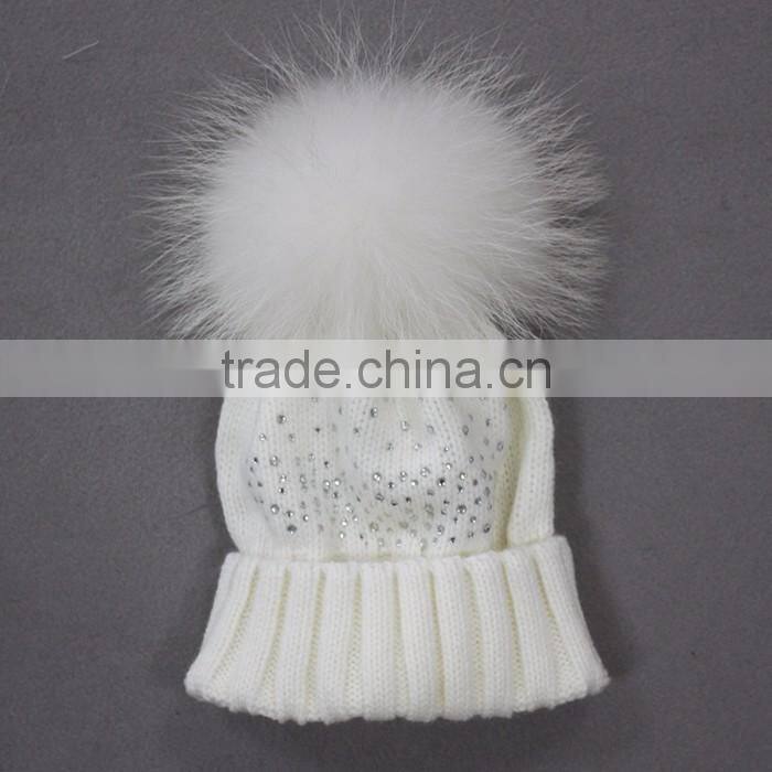 Myfur Elegant White Raccoon Fur Pom Poms Attached Wool Knitting Beanie Hat Wholesale