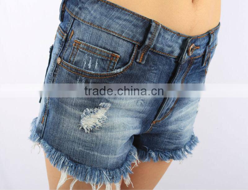 S1568 Sexy Hot Girls Dark Wash Flared Ripped Denim mini Shorts with bottom hem fringes pants