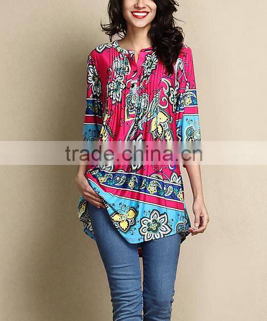 Hot Selling Women Outwear With Fuchsia Floral Notch Neck Pin Tuck Tunic Women Tops Women Clothing GD90426-30