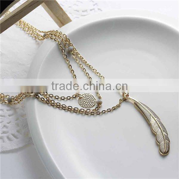 New Fashion Multilayer Layered Necklace Gold Plated With Feather Round Pendants French Gray Acrylic Beads 47.0cm long
