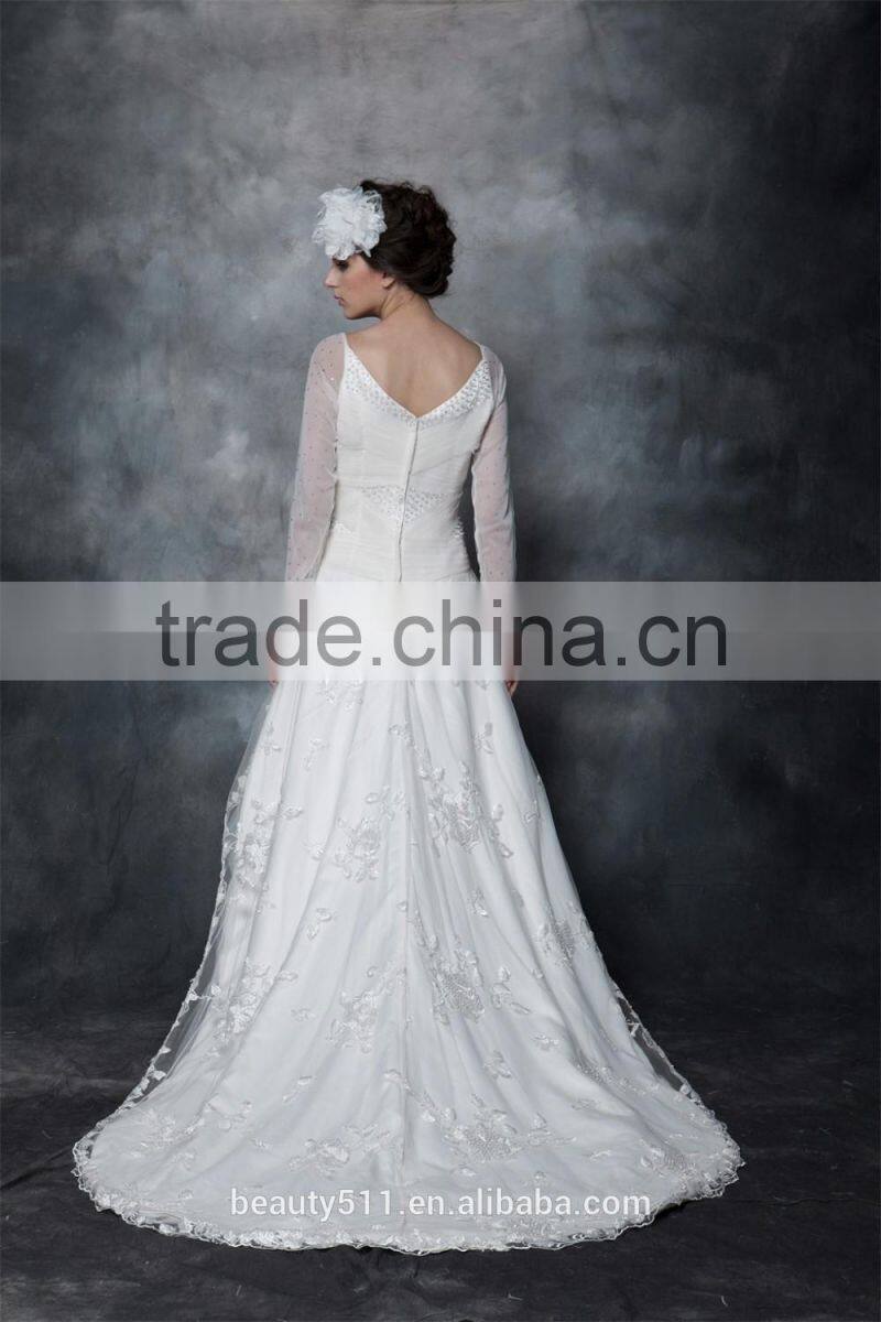 A-line Scoop Neck Satin Over Net With Embroidery bridal dress Lace With Crystal 3/4 sleeve Wedding Dress AS29402