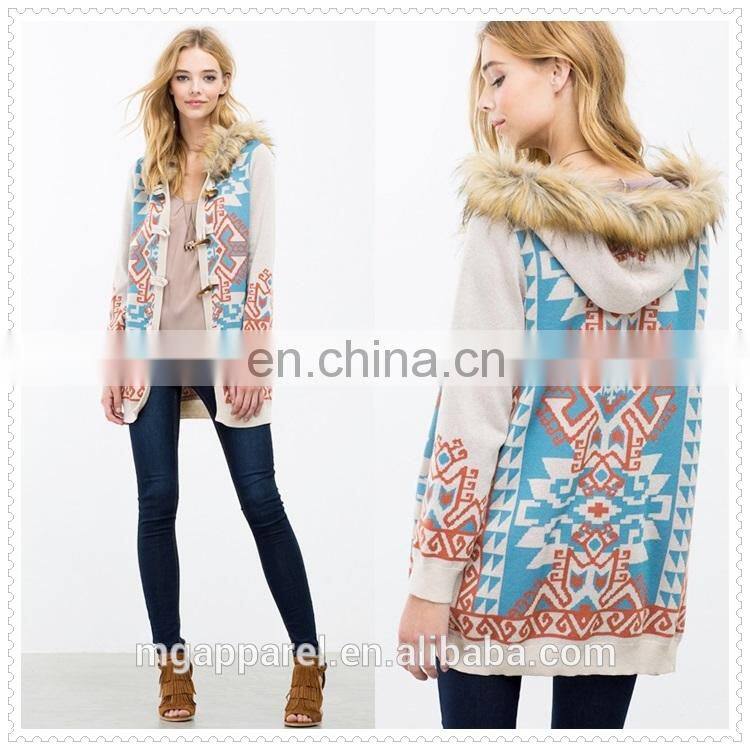 Glamour women clothes geo printed fur trim sweater cardigan with fur trimmed hoodie