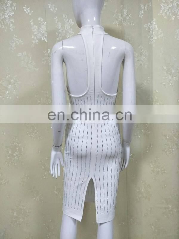 Amigo 2017 new design sexy black 100% cotton halter slit full hot-fix rhinestone evening dresses for ladis party wear