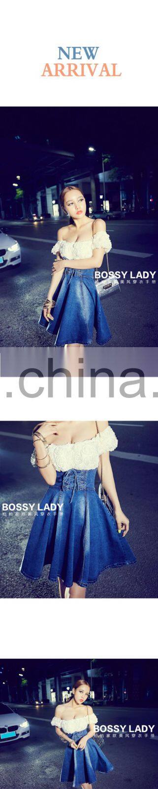 2015 hot sexy lace fashion design dress denim skirt two pieces set dress off shoulder wholesale order
