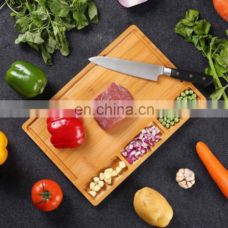 Organic Bamboo Cutting Board, with 3 Built-in Compartments and Juice Grooves, Chopping Board for Meats Bread Fruits