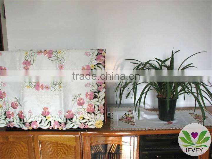 red and yellow flower lace embroidered tablecloth fabric wholesale round wedding table cover