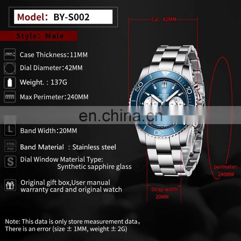 BENYAR S002 Men Quartz Watch Top Luxury Brand Chronograph Waterproof Wristwatches for Man