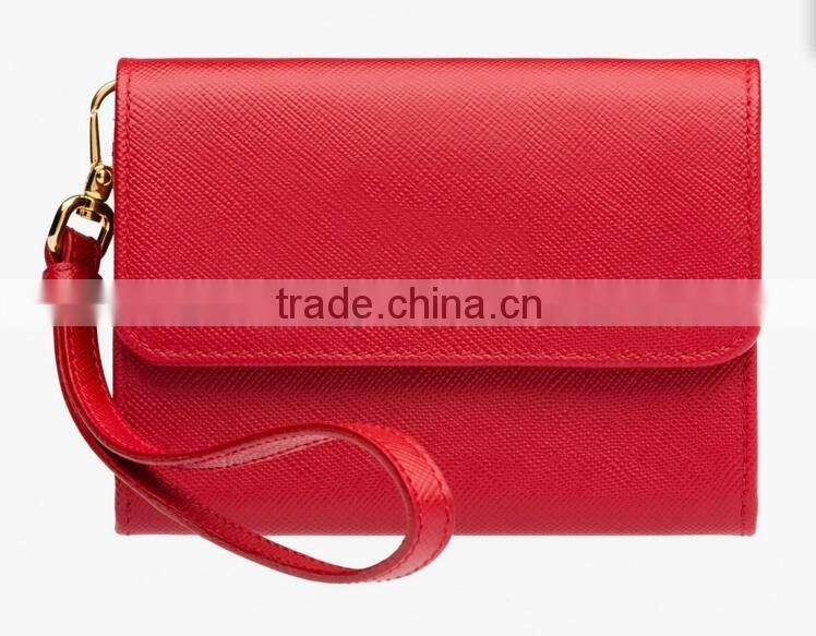 Genuine Saffiano Leather red Branded Business Name CardHolder Credit Card Bag Coin Purse with removable wristbands for ladies