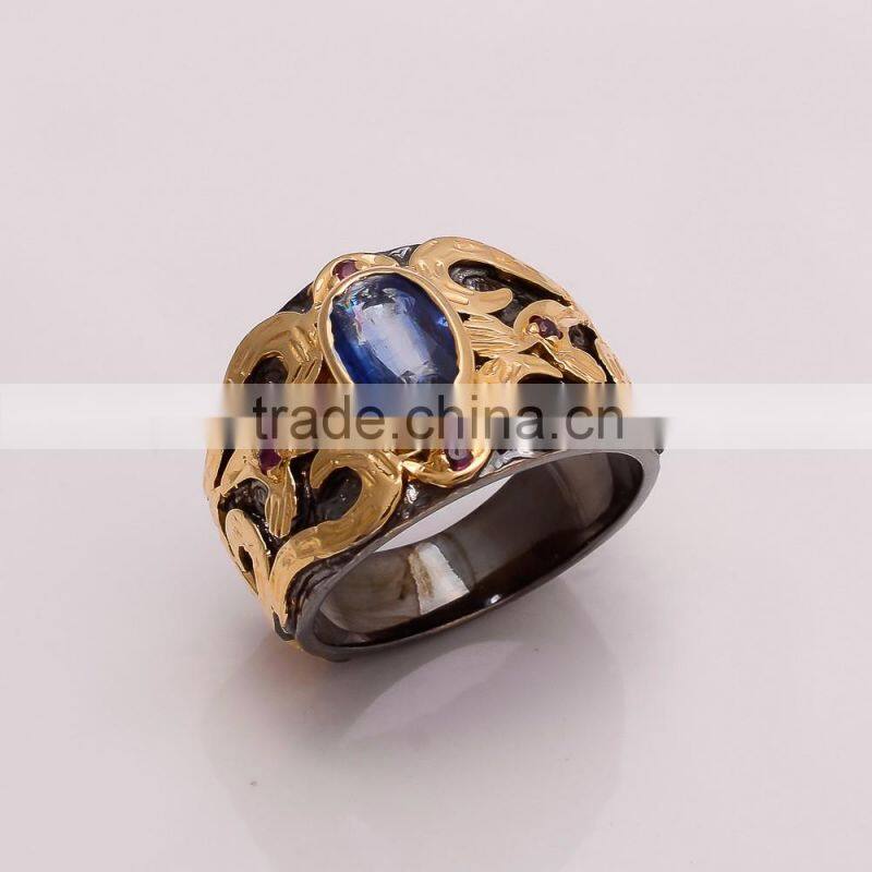 925 SOLID STERLING FINE SILVER IOLITE RING BLACK & GOLD RHODIUM