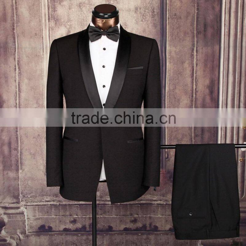 2016 New design TR fabric shawl collar single cut black men suit for wedding