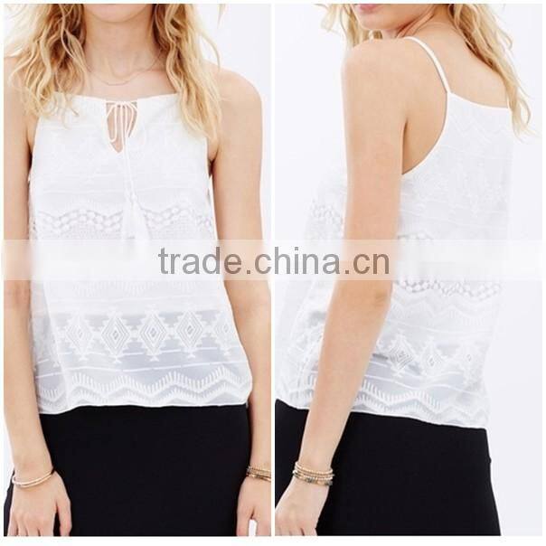 Latest sexy embroidered spaghetti straps fancy ladies tops design, printing girls top