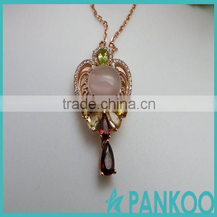 925 sterling silver gold-plated inlaid natural rose quartz and garnet olivine spray droplet-shaped unique design models pendant