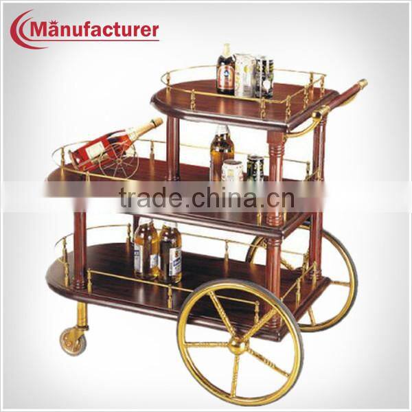 3 Layer Hotel Wood Food Service Handle Cart with Wheels/Coffee & Beverage Trolley