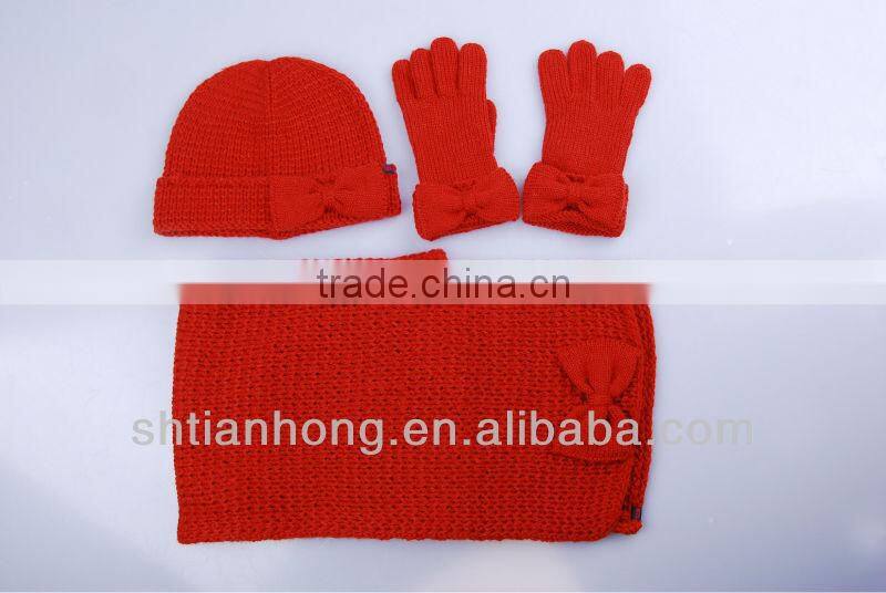kids mohair red gloves hat and scarf set