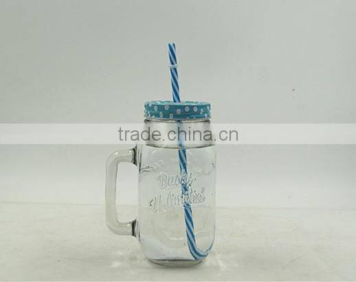 650ML clear glass mason jar with handle and straw, metal lid