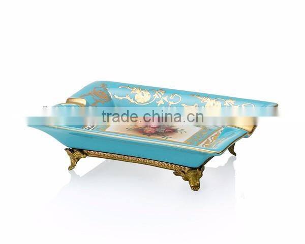 Home Decorative Ceramic Lided Jar Box, Porcelain Decorative Box With Antique Brass Base