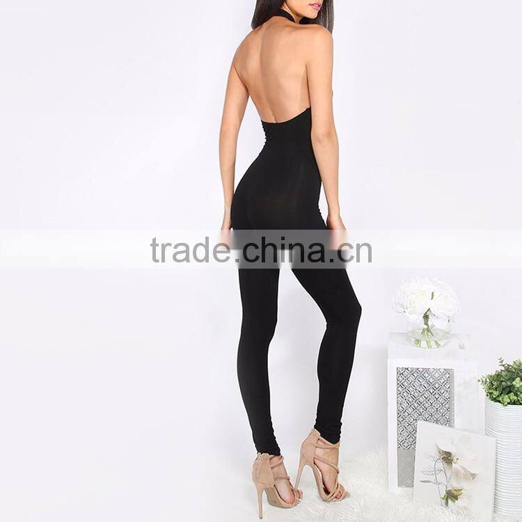 HAODUOYI Women Solid Black Halter Slim Backless Sleeveless Sexy Jumpsuits