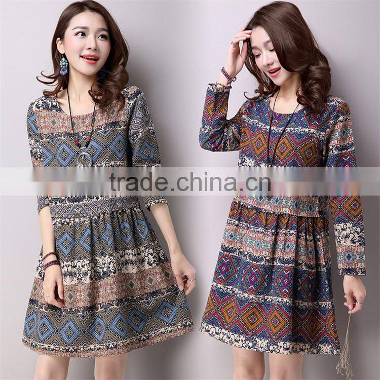 2017 new design Large size fashion ladies Retro national wind style ladies dress Cotton printed dress