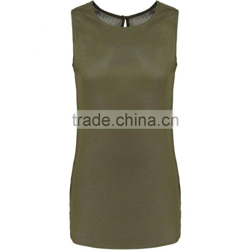 2016 Summer Plain Khaki Sleeveless Shell Tops For Ladies Latest Chiffon Plain Pockets Summer Tops