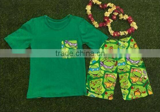 hot sale persnickety remake boya skirt green solid cotton T-shirt and Animal print capris boys clothes summer 2016