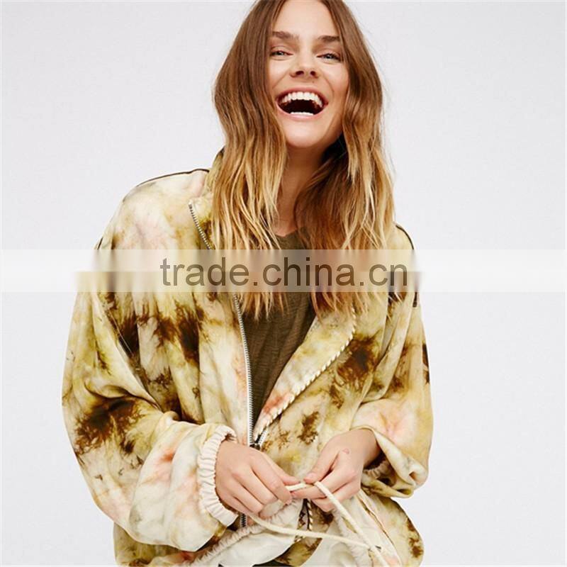 2017 oem women tie dye spread collar coat with drawstring waist