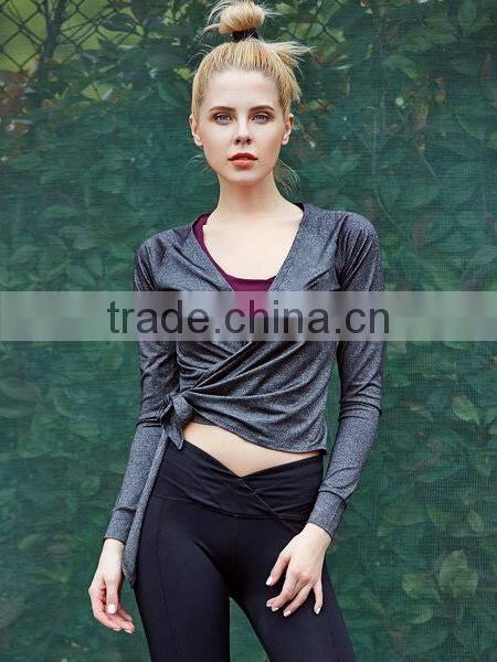 2016 Fashion wholesale Gray Bandage Surplice Neck Chinlon Cropped Jacket for womens