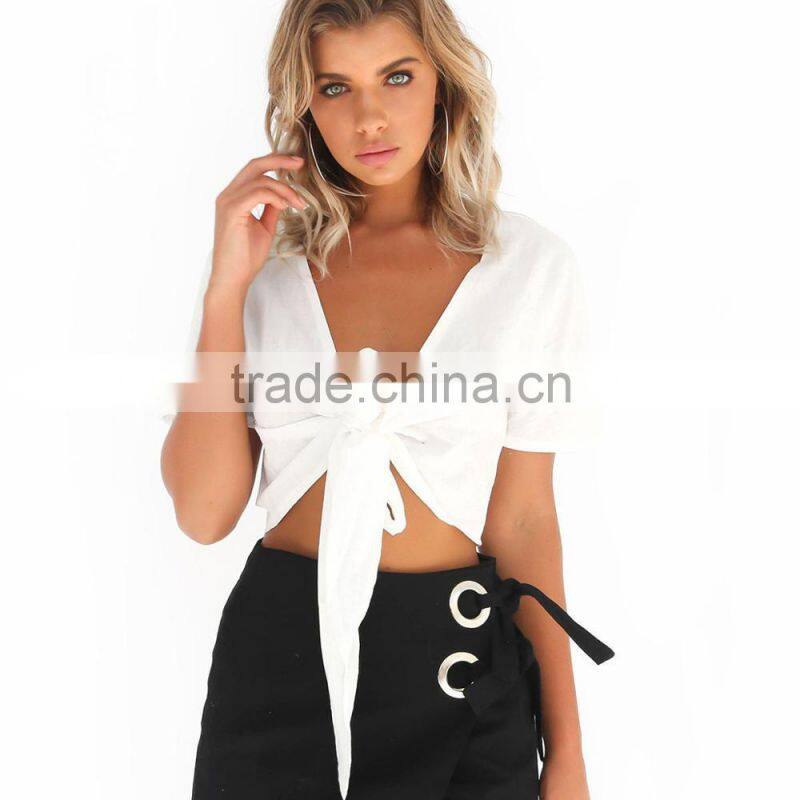 Latest Design Sexy Deep V Neck Crop Tops Short Sleeve Blouse 2017