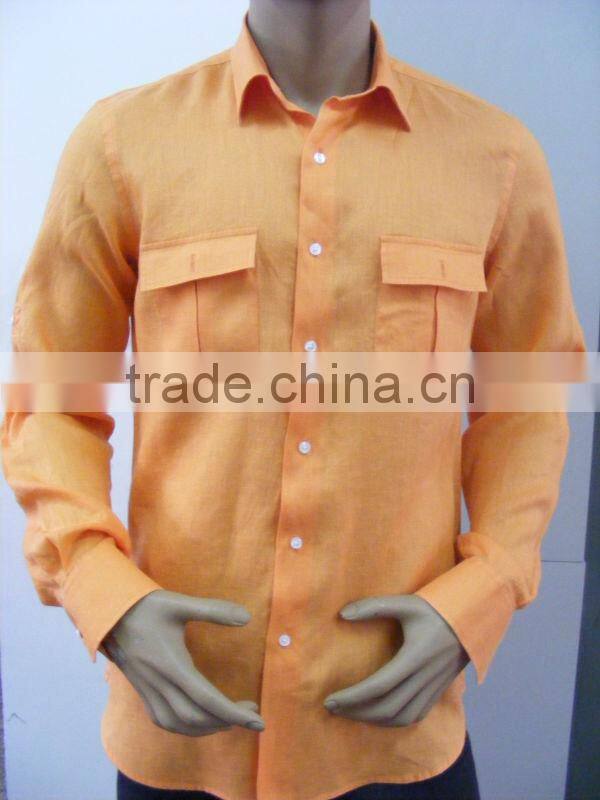 2016 men's organge linen shirt with two chest pockets