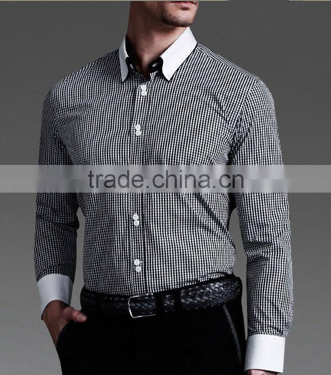 100% cotton yarn dye new trendy contrast collar slim classic business design men's yarn dye checked long sleeve dress shirt