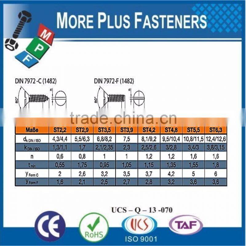 Made in Taiwan ISO 1482 Slotted Flat Countersunk Head Tapping Screws with Cone End Type DIN 7972 C
