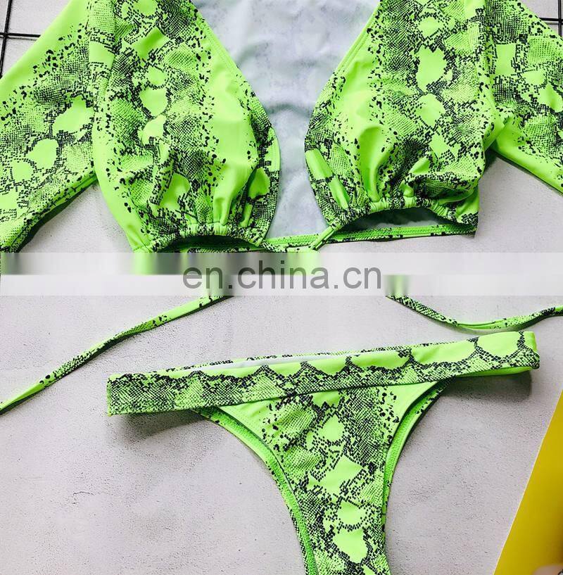 neon bikini thong bikini set Deep v-neck swimsuit female Snake print Bathing suit long sleeve woman swimwear 2019 new
