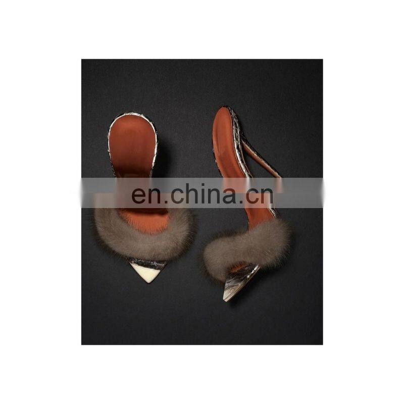 Fur design snake print golden color women high heel sandals shoes