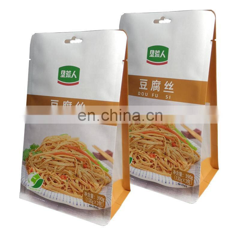 Stand up flat bottom white kraft paper bag custom logo 390g Tofu Wire pouch resealable gusset bag with clear side window